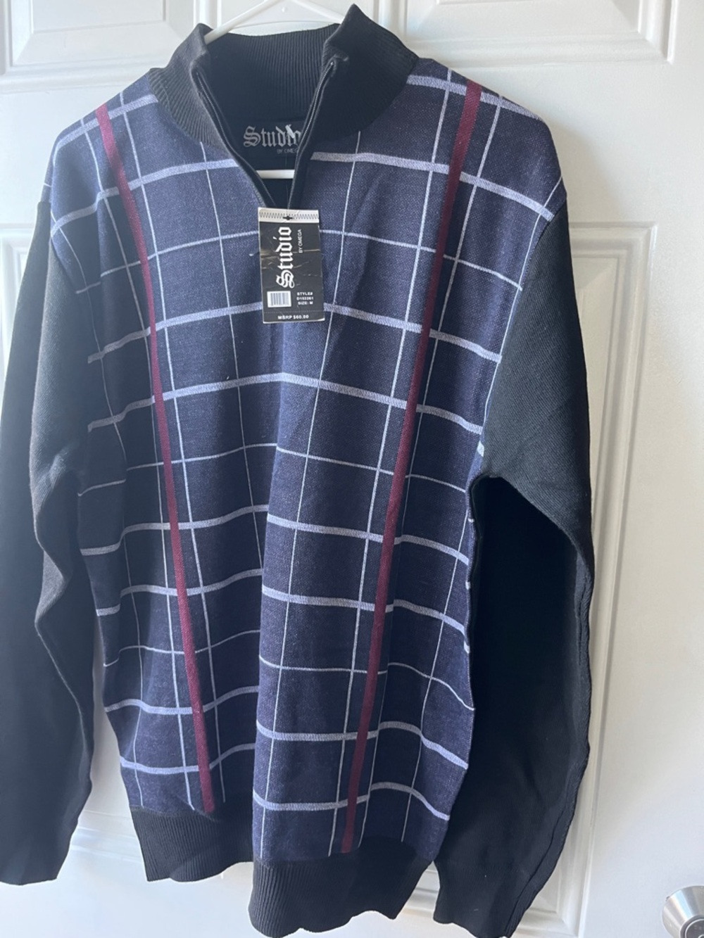 Studio Men’s Navy Windowpane Quarter-Zip Sweater with Burgundy Stripes #8